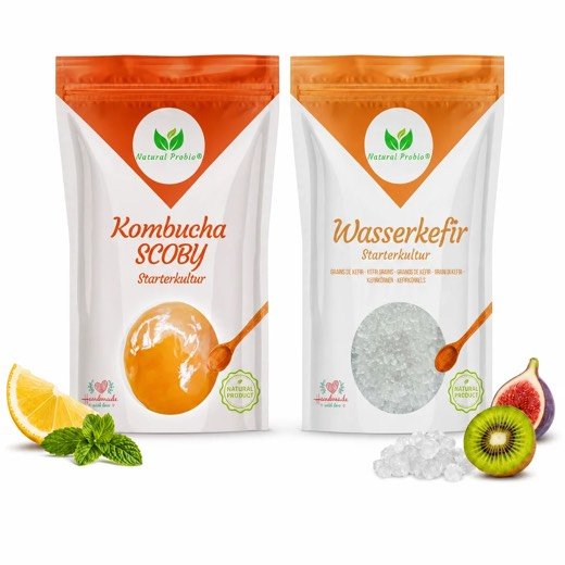 Duo Natural Probio: Beutel Wasserkefir-Kristalle und Beutel Kombucha-SCOBY